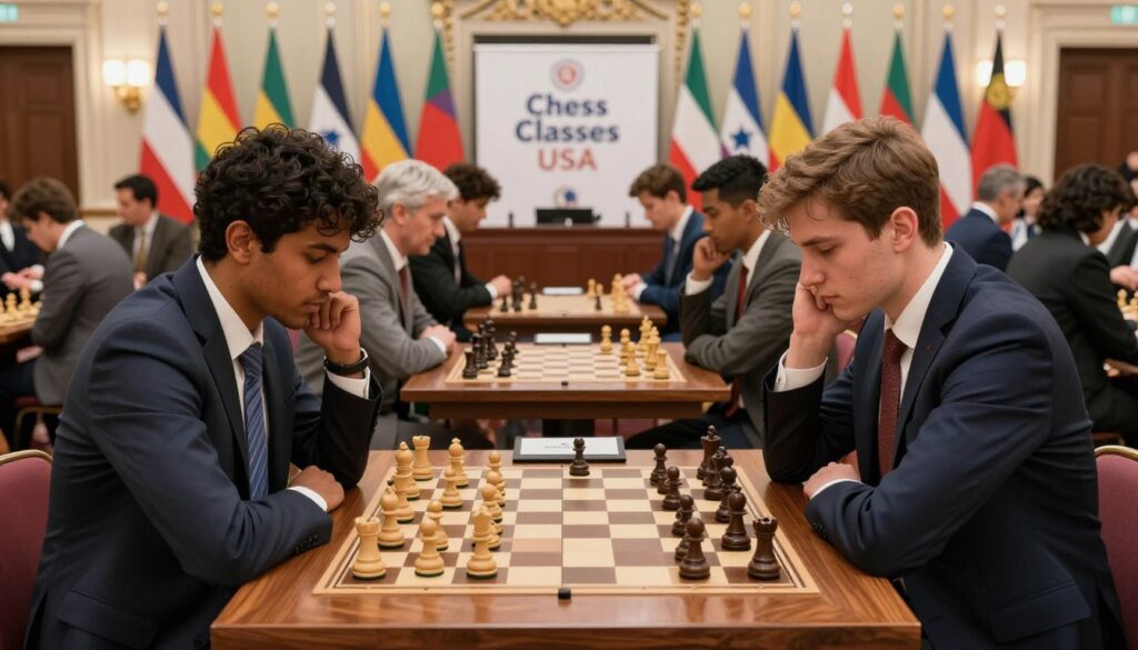 A dynamic international chess tournament scene featuring players of diverse backgrounds deeply engaged in their game. In the foreground, two focused competitors, one male and one female, are seated at a polished wooden chess table, each in professional business attire, intently contemplating their next moves with chess pieces strategically placed between them. In the middle ground, a small crowd of spectators observes the match, with a backdrop of vibrant flags representing different countries. The lighting is bright yet soft, highlighting the chessboard and players while casting gentle shadows, creating an atmosphere of concentration and intensity. The setting is an elegant tournament hall, with intricate details in the architecture. Prominently displayed in the background is a banner that reads "Chess Classes USA," adding relevance to the scene.