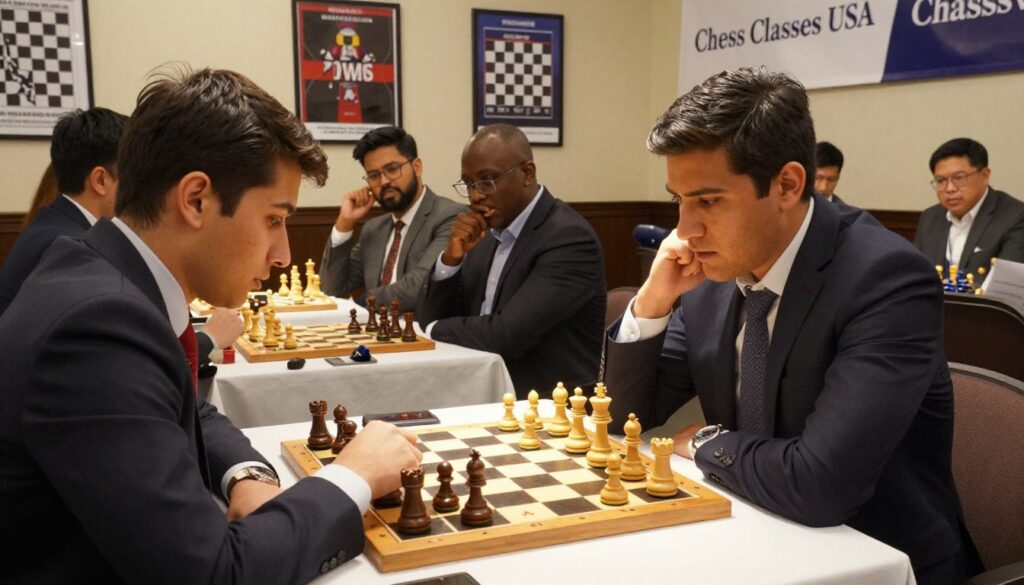 A dynamic scene at a chess tournament in a well-lit, elegant setting. In the foreground, a focused player, dressed in professional business attire, is intensely studying the chessboard, calculating their next move. The chess pieces are finely crafted, gleaming under a spotlight. In the middle, a small group of diverse spectators is engaged, analyzing the game with expressions of excitement and anticipation. The background features a wall adorned with motivational chess posters and a banner for "Chess Classes USA," emphasizing continuous improvement. Soft, warm lighting enhances the atmosphere, creating a sense of intellectual challenge and camaraderie. The angle is slightly elevated, capturing the tension of the moment while showcasing the elegance of the game and its community.
