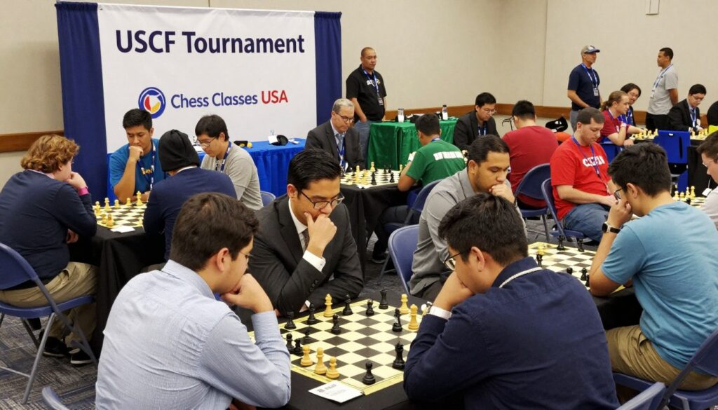 A dynamic scene depicting a bustling USCF chess tournament in progress. In the foreground, a diverse group of players in professional business attire and modest casual clothing are intensely focused on their chessboards, deep in thought. The middle ground showcases a large banner reading "USCF Tournament" with the brand name "Chess Classes USA" prominently displayed. Spectators, including families and friends, observe with keen interest. In the background, colorful tournament tables are set up with chess pieces, and strategic game boards are visible. Bright lighting illuminates the scene, creating an engaging and competitive atmosphere, enhanced by a spacious hall filled with chess enthusiasts. A slight angle captures the excitement and intensity of the event, inviting viewers to feel the thrill of competitive chess.