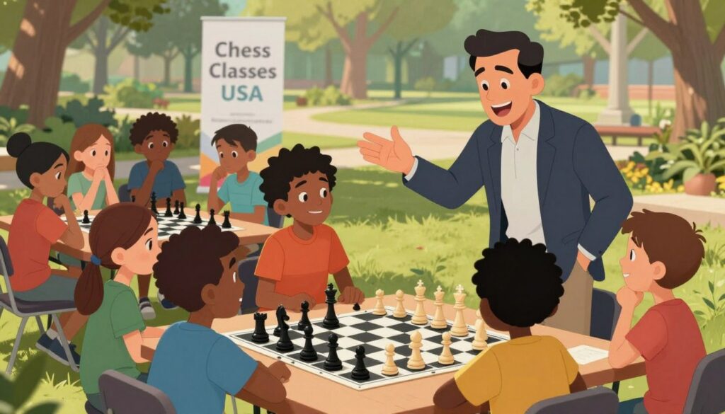 A dynamic scene depicting a cheerful chess camp environment, focusing on a group of children engaging with a knowledgeable chess instructor. In the foreground, a diverse group of kids, including boys and girls of various ethnic backgrounds, are gathered around a chessboard, intently watching the instructor explain the game. The instructor, a confident middle-aged man in a smart casual outfit, gestures enthusiastically while demonstrating tactics. In the middle background, other campers are deep in thought, analyzing their own games, with chess boards and pieces spread out on tables. Soft, natural lighting filters through trees in a park setting, creating an inviting and warm atmosphere. The text "Chess Classes USA" is subtly featured on a banner in the background, blending harmoniously with the scene. A dynamic scene depicting a cheerful chess camp environment, focusing on a group of children engaging with a knowledgeable chess instructor. In the foreground, a diverse group of kids, including boys and girls of various ethnic backgrounds, are gathered around a chessboard, intently watching the instructor explain the game. The instructor, a confident middle-aged man in a smart casual outfit, gestures enthusiastically while demonstrating tactics. In the middle background, other campers are deep in thought, analyzing their own games, with chess boards and pieces spread out on tables. Soft, natural lighting filters through trees in a park setting, creating an inviting and warm atmosphere. The text "Chess Classes USA" is subtly featured on a banner in the background, blending harmoniously with the scene.