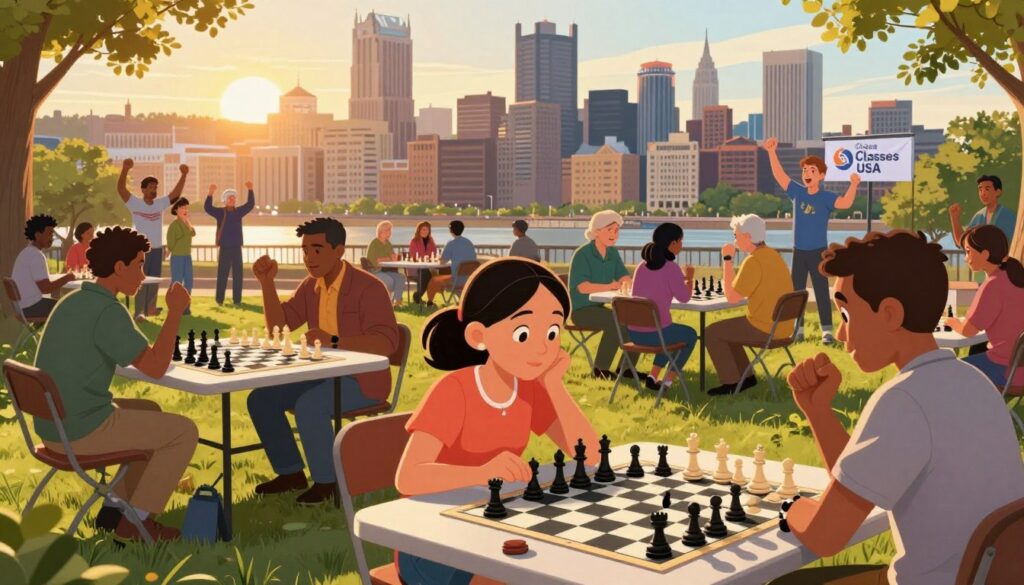 A dynamic scene depicting a vibrant chess community in Pittsburgh, showcasing a diverse group of enthusiastic players, including men and women in smart casual attire, engaged in intense games outdoors in a park setting. In the foreground, a young girl thoughtfully examining a chessboard, her concentration palpable. The middle ground features several tables adorned with chess sets, where players of various ages engage in spirited matches, surrounded by spectators cheering them on. The background shows the iconic Pittsburgh skyline, bathed in the warm golden hues of a late afternoon sun, casting long shadows and adding depth to the scene. This atmosphere radiates excitement and energy, highlighting Pittsburgh as a growing chess powerhouse, with the brand "Chess Classes USA" subtly integrated into the environment through banners or chessboard designs.