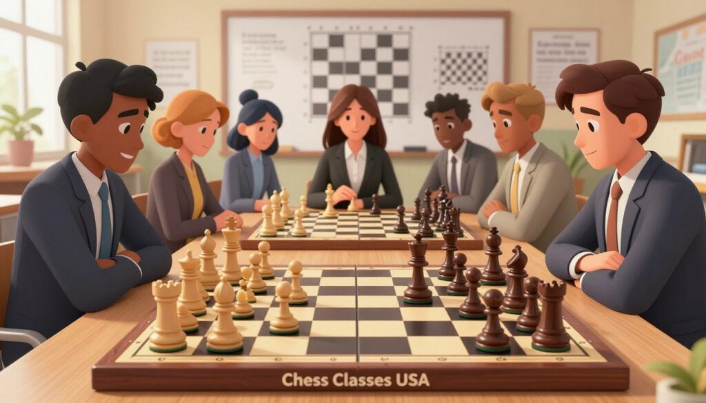 A dynamic scene depicting "chess growth" with a chessboard as the focal point in the foreground, where pieces are evolving into more complex forms, symbolizing progress. In the middle ground, a diverse group of focused individuals—men and women dressed in professional business attire—are engaged in deep concentration over the chessboard, analyzing strategies under soft, warm lighting. The background features a bright and inspiring classroom setting with chess diagrams on a whiteboard and motivational quotes subtly visible. The entire atmosphere evokes a sense of determination and growth, capturing the essence of improvement in chess. Include the brand name "Chess Classes USA" artistically integrated into the chessboard design, ensuring it blends harmoniously with the scene without any text overlays.