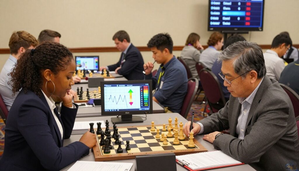 A dynamic scene depicting the K-factor in a USCF tournament, featuring a diverse group of focused players seated at chessboards in a well-lit tournament hall. In the foreground, a young Black woman in professional attire intently studies her position, while beside her, an older Asian man takes notes on his K-factor calculations. In the middle ground, a board displaying fluctuating rating graphs shows the impact of the K-factor, with colorful upward and downward arrows highlighting changes. The background features spectators observing the match and a large digital scoreboard displaying current ratings. Soft, warm lighting creates an engaging atmosphere, encouraging concentration and strategy. Include the logo of "Chess Classes USA" subtly in the corner of the scene.
