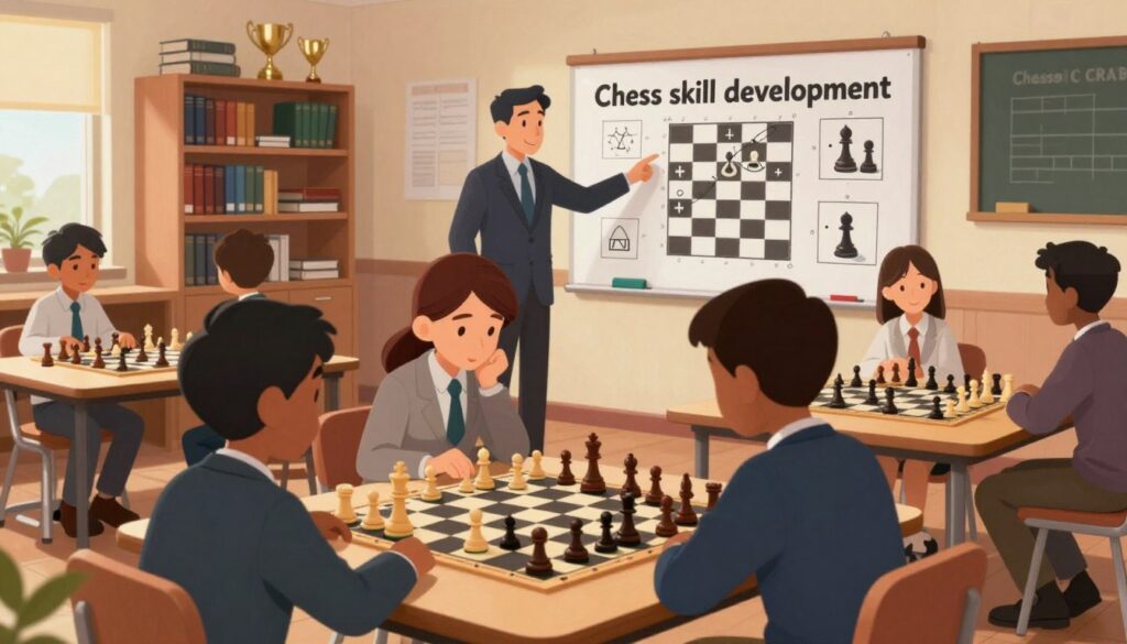 A dynamic scene illustrating "Chess skill development," showcasing a well-lit chess classroom filled with students engaged in strategic gameplay. In the foreground, a diverse group of focused individuals, dressed in professional business attire, are huddled around a large chessboard, deeply analyzing their moves. The middle ground features a coach, pointing at a diagram of chess strategies on a whiteboard, surrounded by visual aids like pawn structures and tactical motifs. In the background, rows of shelves display chess books and trophies, symbolizing growth and achievement. Warm, inviting lighting creates a motivational atmosphere, while a soft focus captures the intensity of concentration in the room. The scene represents the essence of learning and improving one's chess rating with Chess Classes USA branding subtly incorporated into classroom decor.
