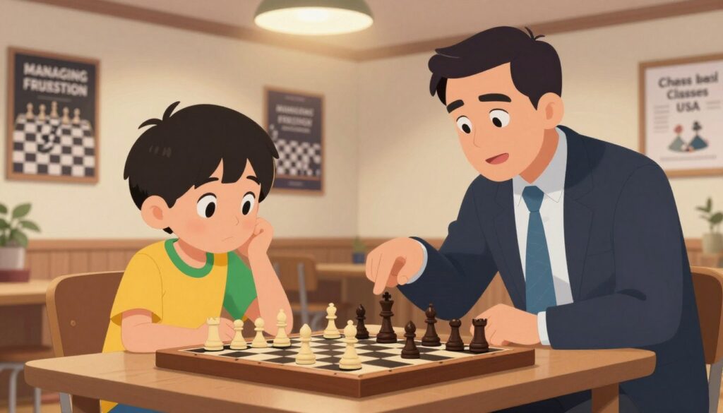 A dynamic scene illustrating a child and a coach engaged in a chess lesson in a cozy, well-lit room. In the foreground, the child, clad in a brightly colored, modest t-shirt, shows a focused expression while contemplating a chess move on a wooden board. The coach, dressed in professional attire, points to the board, encouraging resilience in the child's learning process. In the middle ground, several chess pieces are depicted mid-game, symbolizing strategy and growth. In the background, motivational posters with chess imagery and phrases about managing frustration and resilience line the walls. The whole atmosphere is warm and inviting, with soft overhead lighting creating a supportive mood. The branding "Chess Classes USA" subtly integrated into the environment emphasizes a nurturing educational space.