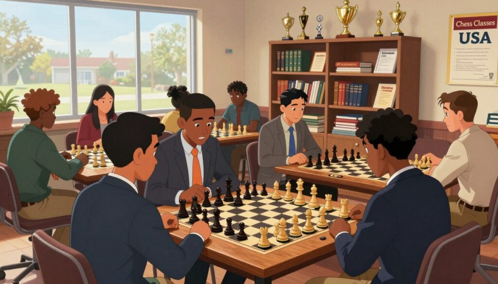 A dynamic scene illustrating chess resources in North Carolina, showcasing a well-organized chess club meeting. In the foreground, a diverse group of enthusiastic participants in professional attire engage intensely in a chess game on an elegant wooden table adorned with quality chess pieces. The middle ground features shelves filled with books, strategy guides, and trophies, highlighting the club's achievements and resources. In the background, a large window allows natural light to pour in, illuminating the space and creating a warm, inviting atmosphere. Subtle decorations like a poster of "Chess Classes USA" hang on the wall, reinforcing the educational aspect. The overall mood is one of collaboration, strategy, and community as members foster growth in the local chess scene.