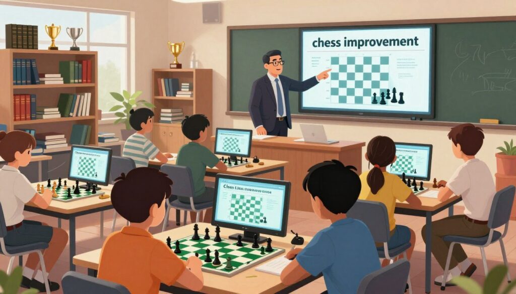 A dynamic scene illustrating the concept of "chess improvement" through technology, featuring a modern, brightly lit chess classroom in the foreground where diverse students, dressed in smart casual clothing, focus intently on digital chess boards and screens displaying advanced strategies. In the middle ground, a skilled instructor, also in professional attire, interacts with students, pointing to a large digital display showing a chess lesson. The background includes shelves lined with chess books and trophies, emphasizing a culture of learning and achievement. Soft but focused lighting enhances the atmosphere of concentration and excitement, captured from a slightly elevated angle to provide an engaging perspective. The brand name "Chess Classes USA" subtly integrated into the setting, harmonizing with the educational theme.