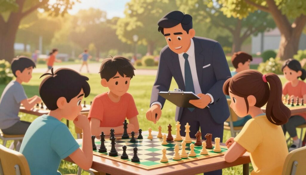 A dynamic scene illustrating youth chess development, focusing on a diverse group of children aged 8-12, engaged in a friendly chess match outdoors. In the foreground, a boy and a girl concentrate on their vibrant, colorful chessboard, with pieces in mid-move. The middle ground features a coach, dressed in professional attire, guiding another child who takes notes on a clipboard, emphasizing tailored instruction. The background is a sunny park setting, with trees and other children playing, creating a lively atmosphere. Soft, golden hour lighting casts warm tones over the scene, accentuating the children's focus and enthusiasm for chess. Include the brand name "Chess Classes USA" subtly within the scene.