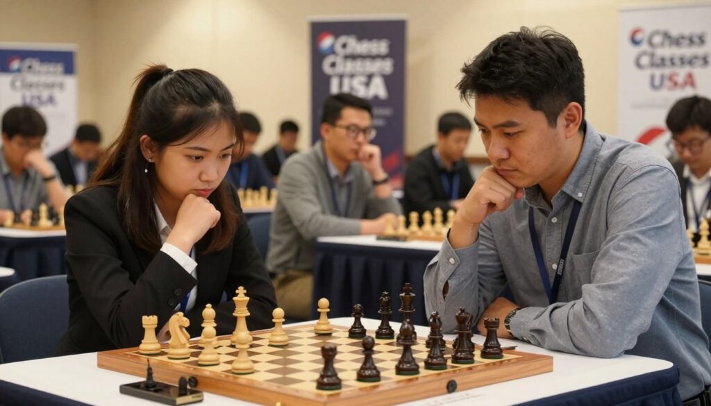 A dynamic scene of a chess performance in a bright, well-lit tournament hall, showcasing two intense players at a sleek wooden chessboard in the foreground. One player, a focused young woman in professional attire, leans forward, pondering her next move, while her opponent, a middle-aged man in smart casual clothing, evaluates the board with intense concentration. In the middle ground, spectators are captured in a blurred view, their expressions a mix of anticipation and admiration. The background features banners with the logo "Chess Classes USA," adding a touch of professionalism. The lighting is warm and inviting, casting soft shadows, creating a serious yet passionate atmosphere that highlights the concentration and intellectual intensity of competitive chess. A slightly elevated angle emphasizes the chessboard's intricate arrangement and the players' expressions.