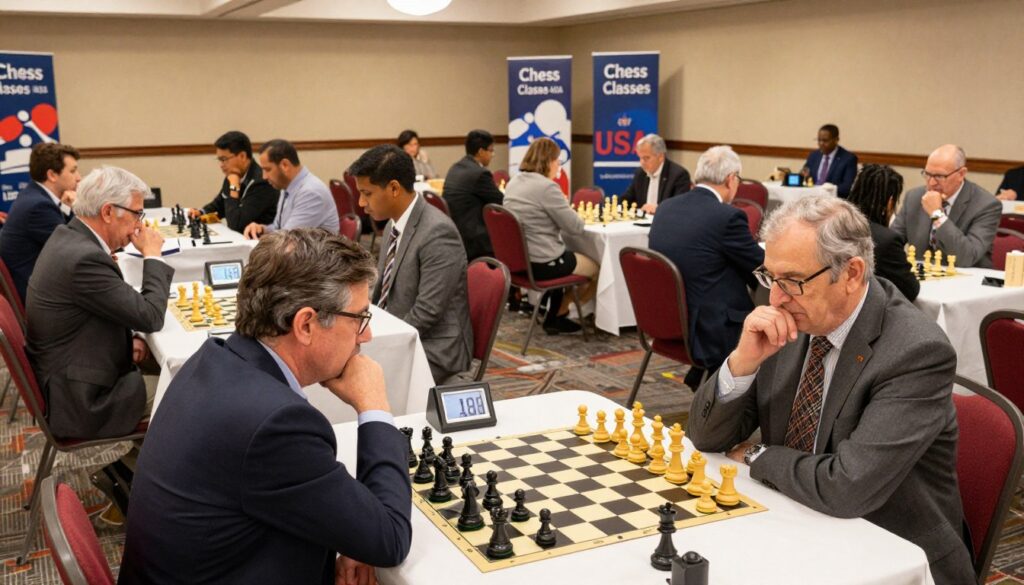A dynamic scene of a chess tournament taking place in New Jersey, highlighting enthusiastic players of different ages, focused on their boards. In the foreground, two chess masters, dressed in professional business attire, are deep in thought, their chess pieces poised for the next move. The middle ground features several tables with players immersed in intense matches, showcasing colorful chess sets and clocks, while spectators observe intently. The background reveals a well-decorated tournament hall adorned with banners for "Chess Classes USA," illuminated by warm lighting that creates an inviting atmosphere. A wide-angle perspective captures the vibrant energy of the event, emphasizing the spirit of friendly competition in a community-driven chess environment. A dynamic scene of a chess tournament taking place in New Jersey, highlighting enthusiastic players of different ages, focused on their boards. In the foreground, two chess masters, dressed in professional business attire, are deep in thought, their chess pieces poised for the next move. The middle ground features several tables with players immersed in intense matches, showcasing colorful chess sets and clocks, while spectators observe intently. The background reveals a well-decorated tournament hall adorned with banners for "Chess Classes USA," illuminated by warm lighting that creates an inviting atmosphere. A wide-angle perspective captures the vibrant energy of the event, emphasizing the spirit of friendly competition in a community-driven chess environment.