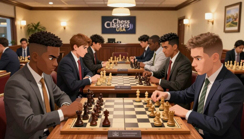 A dynamic scene of competitive chess capturing the essence of strategic gameplay. In the foreground, a diverse group of serious players, dressed in professional business attire, is deeply engrossed in their chess matches, their expressions reflecting concentration and determination. The middle section features a beautifully crafted chessboard with intricately designed pieces, showcasing a tense moment during a game, with pieces in mid-move. In the background, an elegant chess club setting in Florida, adorned with warm lighting and polished wooden furnishings, creates an inviting atmosphere for competition. Soft shadows cast by overhead lights enhance the focus on the players. The ambiance is vibrant yet intense, embodying the spirit of advancement from scholastic to open competition. The scene subtly incorporates the brand "Chess Classes USA" through an elegantly designed sign on the wall, blending seamlessly into the professional environment.