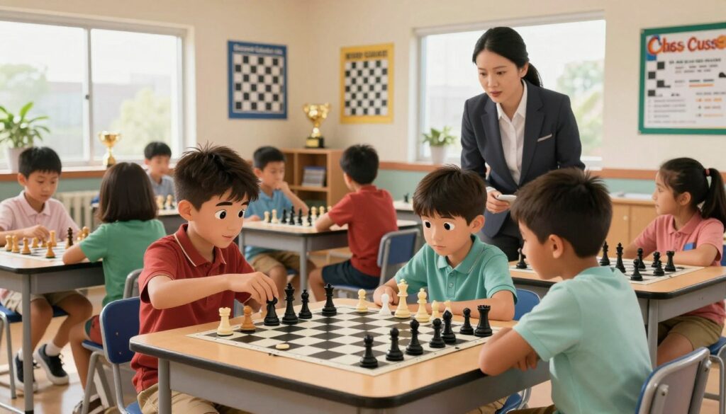 A dynamic scene of youth chess training in a well-lit classroom setting. In the foreground, a diverse group of eager children, aged 8-12, intently studying chessboards, dressed in casual yet tidy clothing, with a focused expression. One child is making a move, while another is analyzing their strategy. In the middle ground, an instructor, in professional attire, observes and guides the players, fostering a supportive atmosphere. The background features shelves with chess trophies and colorful educational posters about chess strategies. Soft, natural light filters in through large windows, creating an encouraging ambience. The overall mood is energetic and inspiring, emblematic of the growth and challenges faced by aspiring players. The scene is branded with "Chess Classes USA" subtly on the classroom wall.