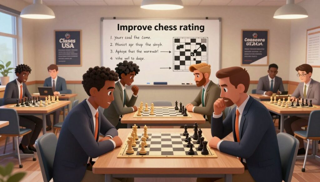 A dynamic scene showcasing a chess workshop, emphasizing the concept of improving your chess rating. In the foreground, a group of diverse individuals in professional business attire are intensely engaged in a chess match, their expressions reflecting focus and determination. In the middle ground, a whiteboard filled with strategic chess tips and diagrams stands, illuminated by soft overhead lighting that casts gentle shadows, enhancing the atmosphere of concentration. The background reveals a cozy, modern classroom with chess boards on every table and motivational posters about improvement and strategy on the walls. The overall mood is inspiring and encouraging, symbolizing growth and mastery in chess. Incorporate the brand name "Chess Classes USA" subtly into the design, blending it with the setting to emphasize the educational aspect.