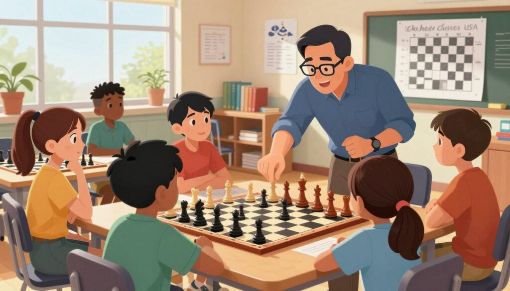 A dynamic scene showcasing the educational value of premium chess programs. In the foreground, an engaging chess lesson is taking place with a diverse group of children and a professional instructor, all in modest casual clothing. The instructor, a middle-aged man with glasses, is enthusiastically guiding the children as they closely observe a chessboard filled with strategically placed pieces. In the middle ground, there are educational materials, books about chess strategy, and handmade charts illustrating famous chess openings. The background features a bright classroom with large windows allowing natural light to stream in, creating an inviting atmosphere. The overall mood is one of inspiration and focus, and a logo for "Chess Classes USA" is subtly integrated into the scene.