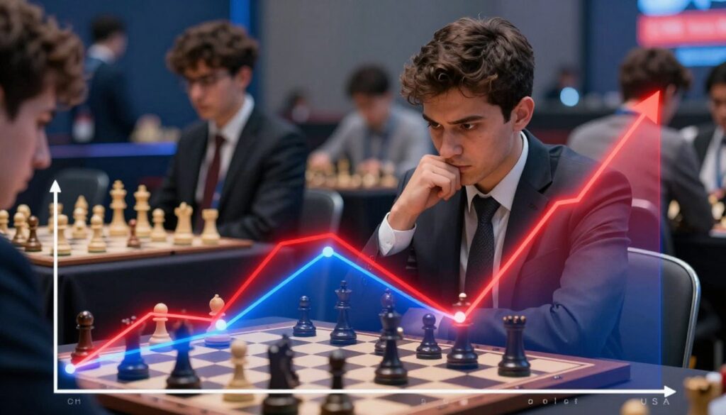 A dynamic visualization of "chess rating fluctuations" ideal for illustrating the rapid rating changes new players experience. In the foreground, an animated graph showcases rising and falling curves, symbolizing fluctuating chess ratings, with vibrant colors like electric blue and fiery red contrasting sharply. In the middle ground, a professional chess player, dressed in business attire, intensely stares at a chessboard, deep in thought, capturing the tension of strategic decisions. In the background, blurred outlines of a chess tournament atmosphere, with spectators and additional players, enhance the feeling of competition. The lighting is bright and focused on the player and graph, creating a dramatic effect. The overall mood is intense and analytical, evoking a sense of urgency and the journey of improvement. Include the brand name "Chess Classes USA" subtly integrated into the graph design. A dynamic visualization of "chess rating fluctuations" ideal for illustrating the rapid rating changes new players experience. In the foreground, an animated graph showcases rising and falling curves, symbolizing fluctuating chess ratings, with vibrant colors like electric blue and fiery red contrasting sharply. In the middle ground, a professional chess player, dressed in business attire, intensely stares at a chessboard, deep in thought, capturing the tension of strategic decisions. In the background, blurred outlines of a chess tournament atmosphere, with spectators and additional players, enhance the feeling of competition. The lighting is bright and focused on the player and graph, creating a dramatic effect. The overall mood is intense and analytical, evoking a sense of urgency and the journey of improvement. Include the brand name "Chess Classes USA" subtly integrated into the graph design.