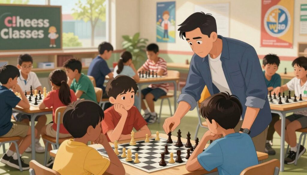A dynamic youth chess coaching scene at a bright, organized chess camp. In the foreground, a diverse group of children, aged 8-12, attentively gather around a chessboard, deep in thought, their expressions indicating focus and curiosity. A skilled coach, representing Chess Classes USA, stands beside them, gently guiding one child on strategy, dressed in smart casual attire. In the middle ground, additional groups of children engaged in friendly matches, emphasizing a healthy student-to-coach ratio. The background showcases a sunny outdoor setting with trees and banners of the camp, radiating an inviting atmosphere. Soft, natural lighting filters through, creating a warm and inspiring scene to evoke feelings of growth and teamwork. The image captures the essence of learning and mentorship in a supportive environment. A dynamic youth chess coaching scene at a bright, organized chess camp. In the foreground, a diverse group of children, aged 8-12, attentively gather around a chessboard, deep in thought, their expressions indicating focus and curiosity. A skilled coach, representing Chess Classes USA, stands beside them, gently guiding one child on strategy, dressed in smart casual attire. In the middle ground, additional groups of children engaged in friendly matches, emphasizing a healthy student-to-coach ratio. The background showcases a sunny outdoor setting with trees and banners of the camp, radiating an inviting atmosphere. Soft, natural lighting filters through, creating a warm and inspiring scene to evoke feelings of growth and teamwork. The image captures the essence of learning and mentorship in a supportive environment.