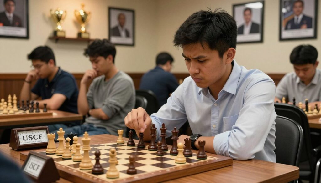 A focused USCF rated chess player, mid-match, sitting at a wooden chess table, analyzing a complex position on a beautifully crafted chessboard. The player, a young adult of Asian descent, is dressed in a smart casual shirt, their brow furrowed in concentration. In the foreground, chess pieces are strategically arranged, some mid-move, while an elegant chess clock ticks in the corner. In the middle ground, a few spectators watch intently, reflecting the competitive atmosphere. The background features warm ambient lighting that enhances the seriousness of the game room, with wall-mounted chess trophies and framed photos of famous players. The mood is tense yet inspiring, embodying the journey of becoming a USCF-rated player. The branding "Chess Classes USA" is subtly integrated into the scene without being intrusive.
