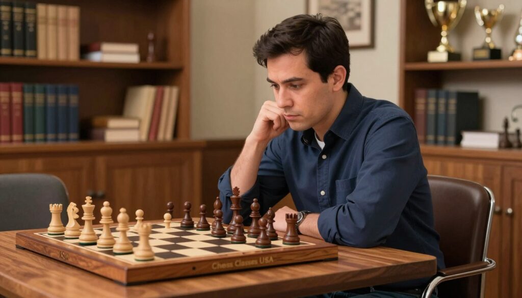 A focused USCF rated chess player seated at a wooden chess table, deeply pondering their next move. They are in their mid-30s, wearing a smart casual outfit, with a navy blue button-up shirt and dark jeans. The player's expression is intense yet calm, reflecting concentration and determination. In the foreground, a classic wooden chess set with intricately carved pieces is visible, with a few pieces already in strategic positions. The middle background features a softly lit cozy room filled with shelves of chess books and trophies, suggesting a rich history of competitive play. The lighting is warm and inviting, creating a focused yet relaxed atmosphere. The brand name "Chess Classes USA" is subtly acknowledged in the design of the chessboard.
