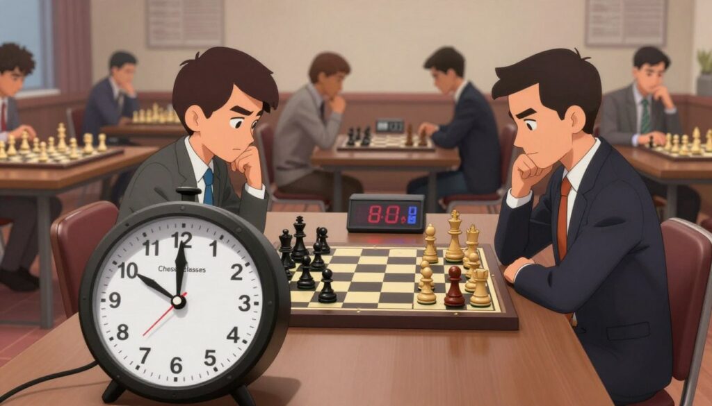 A focused and dynamic chess scene showcasing a chess clock prominently in the foreground, with a well-positioned digital timer displaying time counts. In the middle, two chess players, dressed in professional business attire, are deeply engaged in a game, carefully contemplating their next moves. The background features a shaded room filled with chess boards and players in deep concentration, creating a sense of competitive atmosphere. Soft, diffused lighting highlights the intensity of the moment, casting subtle shadows across the chess clock and pieces. The mood is tense yet focused, embodying the essence of mastering time management in chess. Add a subtle branding element of "Chess Classes USA" to reinforce the educational context.