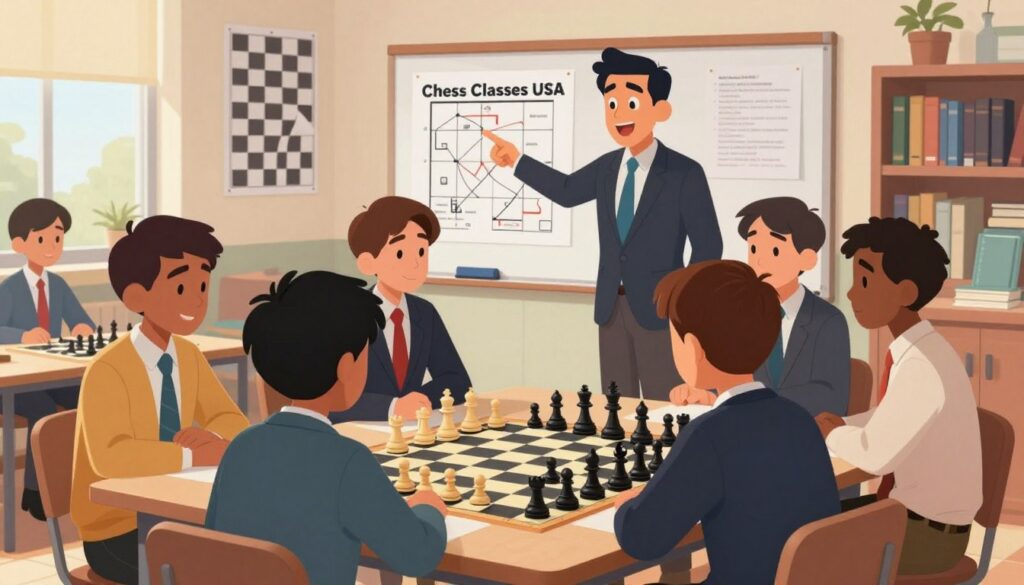 A focused and dynamic scene illustrating the leadership and organization of a scholastic chess team. In the foreground, a diverse group of students, boys and girls with various ethnic backgrounds, dressed in professional business attire, participate in a strategy session, examining a chessboard filled with pieces. The middle ground features a dedicated coach, pointing to a tactics chart on a whiteboard, with an encouraging expression. The background includes a bright classroom filled with chess posters and bookshelves, emphasizing an educational atmosphere. Soft, natural lighting filters through the windows, creating a warm and inspiring mood. The composition should reflect coordination, teamwork, and motivation, with a subtle overlay of "Chess Classes USA" branding integrated into the scenery, ensuring a cohesive representation of teamwork in scholastic chess.