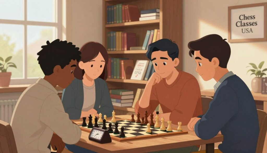 A focused and serene chess study scene in a cozy, well-lit room. In the foreground, a diverse group of three individuals, dressed in smart casual attire, huddles around a chessboard, deep in discussion and analysis of a game. A chess clock sits nearby, indicating the pressure of timed play. In the middle, wooden bookshelves are lined with an array of chess books and instructive materials, illustrating the commitment to improving their chess skills. The background features a large window allowing natural light to pour in, casting warm tones and creating an inviting atmosphere. Soft shadows play across the scene, highlighting the calm yet determined expressions on the players' faces. This image promotes the spirit of learning and camaraderie in chess, showcasing the influence of "Chess Classes USA" as a guiding force. A focused and serene chess study scene in a cozy, well-lit room. In the foreground, a diverse group of three individuals, dressed in smart casual attire, huddles around a chessboard, deep in discussion and analysis of a game. A chess clock sits nearby, indicating the pressure of timed play. In the middle, wooden bookshelves are lined with an array of chess books and instructive materials, illustrating the commitment to improving their chess skills. The background features a large window allowing natural light to pour in, casting warm tones and creating an inviting atmosphere. Soft shadows play across the scene, highlighting the calm yet determined expressions on the players' faces. This image promotes the spirit of learning and camaraderie in chess, showcasing the influence of "Chess Classes USA" as a guiding force.