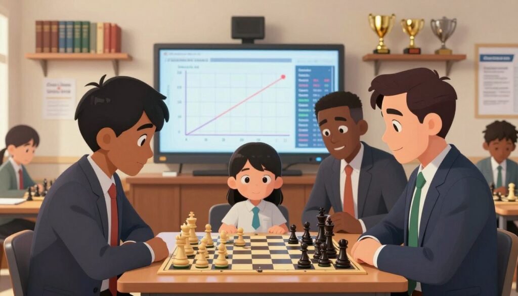 A focused and visually compelling scene depicting chess performance analysis in a well-lit classroom setting. In the foreground, a diverse group of three individuals, two adults and a child, are gathered around a chessboard, deep in discussion, all dressed in professional business attire. The middle ground features a large digital display showing colorful graphs and statistics of chess moves. In the background, shelves filled with chess books and trophies reflect a supportive learning environment, emphasizing the journey of improvement in chess. The lighting is bright yet soft, illuminating their engaged expressions. The atmosphere conveys a sense of encouragement and progressive learning, with a subtle branding of "Chess Classes USA" visible on a poster on the wall.