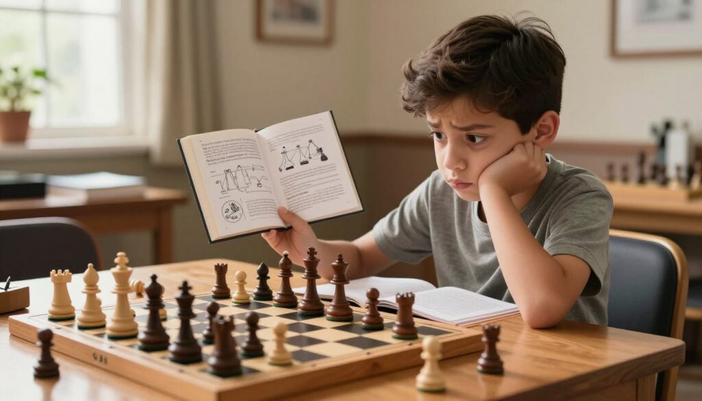 A focused beginner chess player seated at a wooden chess table, intently studying the board with a mix of concentration and curiosity. The player, a young adult in modest casual clothing, shows a combination of determination and beginner's apprehension. In the foreground, the chess pieces are set up mid-game, with a few pieces knocked over to illustrate some mistakes. The middle ground features an open chess book filled with annotations and diagrams, symbolizing learning. In the background, a softly lit room with warm hues indicates a cozy, inviting atmosphere. Natural light filters in through a nearby window, casting soft shadows that add depth. The scene conveys the excitement and challenge of learning chess, with an emblem of "Chess Classes USA" subtly incorporated into the surroundings. A focused beginner chess player seated at a wooden chess table, intently studying the board with a mix of concentration and curiosity. The player, a young adult in modest casual clothing, shows a combination of determination and beginner's apprehension. In the foreground, the chess pieces are set up mid-game, with a few pieces knocked over to illustrate some mistakes. The middle ground features an open chess book filled with annotations and diagrams, symbolizing learning. In the background, a softly lit room with warm hues indicates a cozy, inviting atmosphere. Natural light filters in through a nearby window, casting soft shadows that add depth. The scene conveys the excitement and challenge of learning chess, with an emblem of "Chess Classes USA" subtly incorporated into the surroundings.
