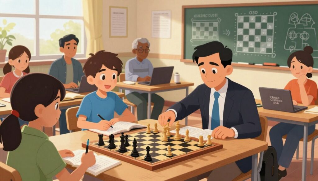 A focused chess class scene set in a warmly lit, inviting classroom, featuring a diverse group of eager students engaged in learning. In the foreground, a skilled chess instructor from "Chess Classes USA" demonstrates strategic moves on a chessboard, wearing professional business attire. The middle ground showcases students, both young and adult, attentively observing and taking notes, with laptops and chess books open before them. In the background, a vibrant chalkboard displays chess tactics and diagrams, contributing to a dynamic learning atmosphere. Soft sunlight filters through the classroom windows, creating a stimulating environment that encourages concentration and passion for improvement. The image captures a sense of community and excitement for skill development in chess competition, emphasizing a positive learning experience.