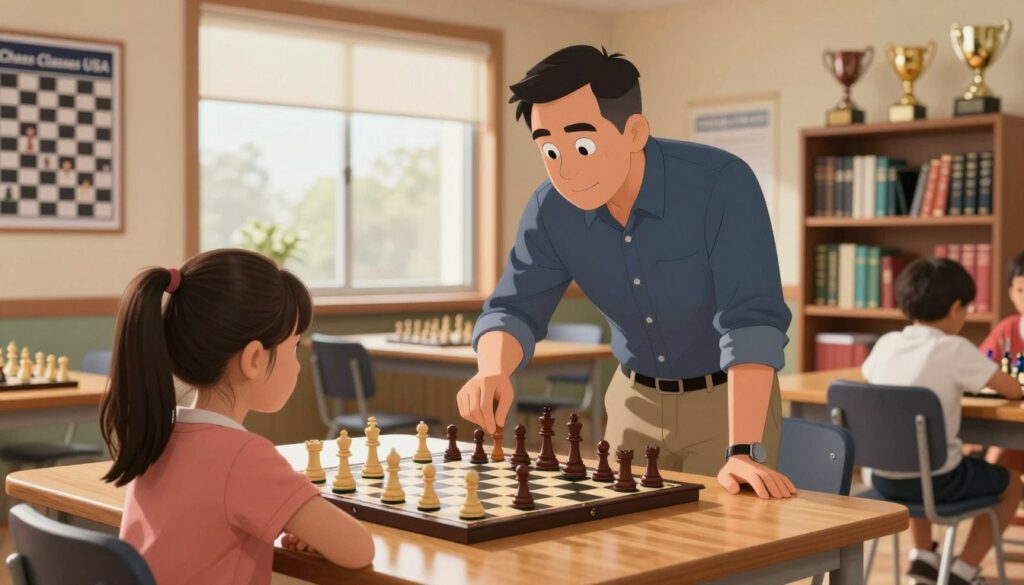 A focused chess coach, a middle-aged man in smart casual attire, stands beside a young girl at a sleek wooden table, demonstrating a chess tactic. In the foreground, the chessboard is set with pieces mid-game, highlighting a strategic position. The middle ground features a warm, inviting classroom with posters of chess openings on the walls and a large window letting in soft, natural light. In the background, shelves are lined with chess books and trophies, emphasizing the club's commitment to excellence. The atmosphere is calm and encouraging, illustrating a professional environment where safety and credentials are prioritized. The image reflects the branding of "Chess Classes USA," promoting a sense of trust and expertise in children's chess education. A focused chess coach, a middle-aged man in smart casual attire, stands beside a young girl at a sleek wooden table, demonstrating a chess tactic. In the foreground, the chessboard is set with pieces mid-game, highlighting a strategic position. The middle ground features a warm, inviting classroom with posters of chess openings on the walls and a large window letting in soft, natural light. In the background, shelves are lined with chess books and trophies, emphasizing the club's commitment to excellence. The atmosphere is calm and encouraging, illustrating a professional environment where safety and credentials are prioritized. The image reflects the branding of "Chess Classes USA," promoting a sense of trust and expertise in children's chess education.