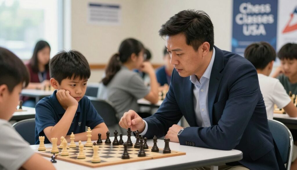 A focused chess coach, dressed in smart casual attire, kneels beside a young player at a tournament table, offering supportive advice. The child is intently contemplating the chessboard, with a mix of determination and slight anxiety on their face. In the foreground, a chessboard with pieces arranged indicates a tense match. In the middle ground, other players and parents observe, capturing the atmosphere of competition and emotion. The background features a softly blurred tournament setting with banners reading "Chess Classes USA," enhancing the community feel. Soft, natural lighting filters in from nearby windows, creating an encouraging, uplifting mood, while a shallow depth of field emphasizes the bond between the mentor and the child, underscoring the theme of managing competition-related emotions.