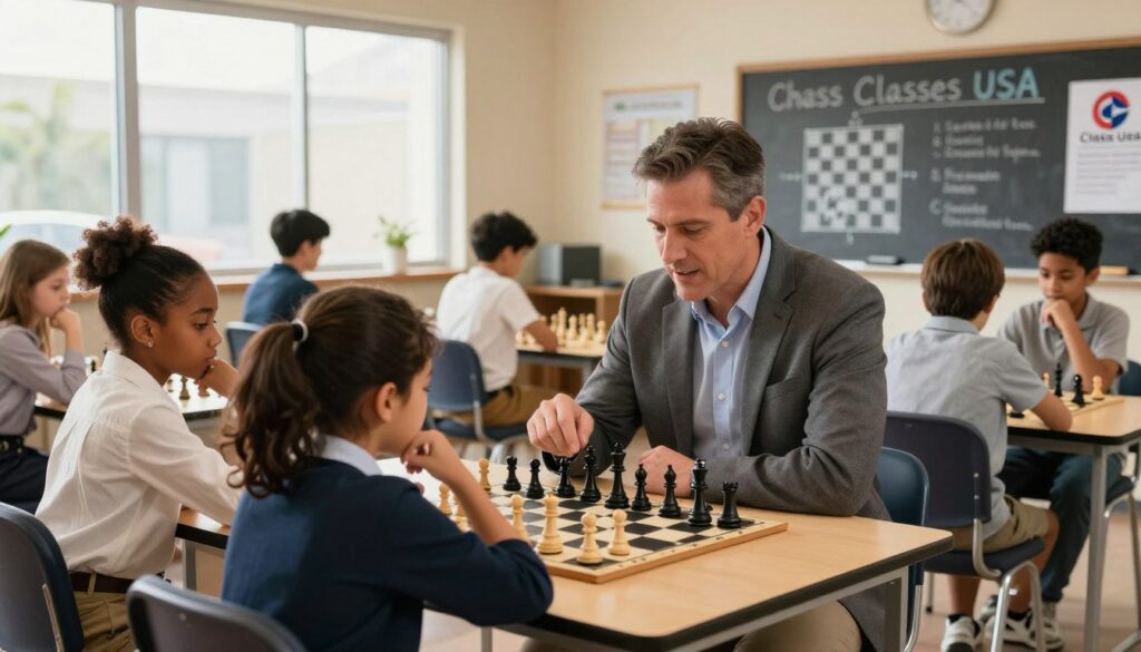 A focused chess coach evaluating a diverse group of players in a well-lit, inviting classroom setting with large windows. In the foreground, a middle-aged professional male coach, wearing smart casual attire, is discussing a chessboard with two attentive young chess players, one African American girl and one Hispanic boy, both dressed in professional business attire. The middle ground features several chess boards set up for assessment, with players deep in thought. The background reveals a chalkboard filled with chess strategies and diagrams. The atmosphere is motivational and supportive, conveying a sense of learning and growth. The lighting is warm and bright, creating an engaging learning environment. Prominently feature a logo for “Chess Classes USA” on a bulletin board.