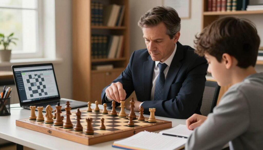 A focused chess coach in professional attire, intently analyzing a chessboard with a studious student across from him. The foreground showcases the intricately carved wooden chess pieces mid-game, highlighting their detail under soft, warm lighting. In the middle, the chessboard is set on a modern table cluttered with strategy notebooks and a laptop displaying chess analysis software. The background features blurred shelves filled with chess books, adding depth to the room and creating a scholarly atmosphere. Natural light filters in through a window, casting a serene glow across the scene. The overall mood is one of concentration and determination, emphasizing the journey of chess improvement with the assistance of expert guidance. The logo "Chess Classes USA" can be subtly incorporated into the design as part of the study environment.