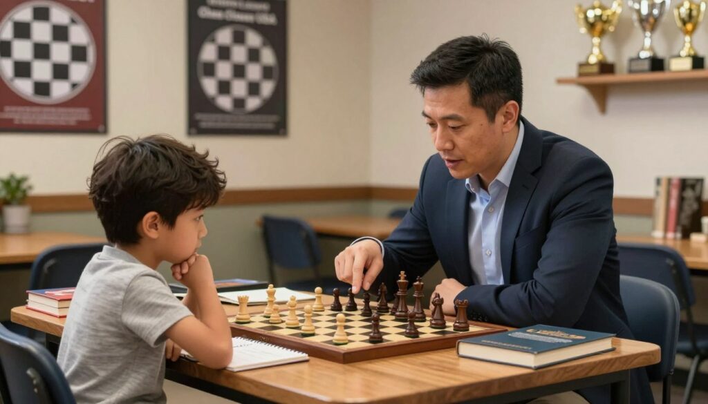 A focused chess coaching scene featuring a professional chess coach sitting across from a young child at a wooden table, both deeply engaged in a chess game. The coach, dressed in smart casual attire, points at the chessboard, offering constructive feedback. The child, wearing comfortable clothing, looks intrigued and thoughtful, surrounded by chess books and a notebook for jotting down strategies. The background includes a softly-lit room with walls adorned with motivational chess posters and shelves filled with chess trophies. Warm lighting creates an inspiring atmosphere, enhancing the mood of learning and improvement. The image subtly incorporates the brand name "Chess Classes USA" in the décor, without explicit text. The angle captures both players and the chessboard prominently, focusing on their interaction.