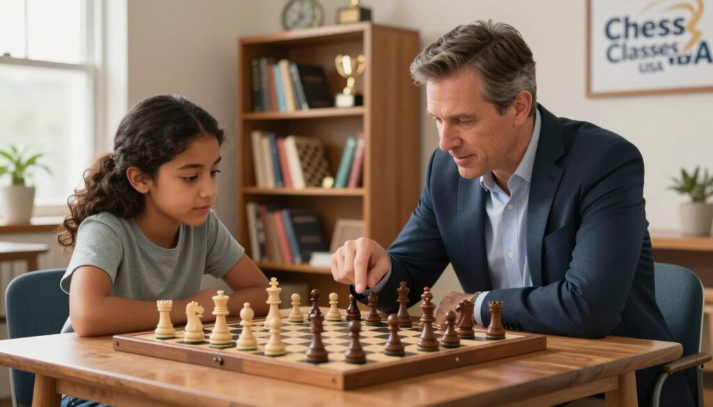 A focused chess coaching scene featuring a young, diverse student engaged in a chess lesson with an experienced coach in a cozy, well-lit room. In the foreground, a chessboard is set up on a wooden table, pieces mid-game, with both the student and coach analyzing strategies. The coach, a middle-aged Caucasian man in a smart-casual outfit, is leaning forward, pointing at a key move on the board, while the student, a teenage girl of Hispanic descent in a comfortable t-shirt, watches intently. In the middle background, bookshelves filled with chess literature and trophies hint at accomplishments. Soft window light creates an inviting atmosphere, suggesting a sense of growth and mentorship. The image represents "Chess Classes USA," emphasizing the role of private coaching in fostering chess skills and passion.