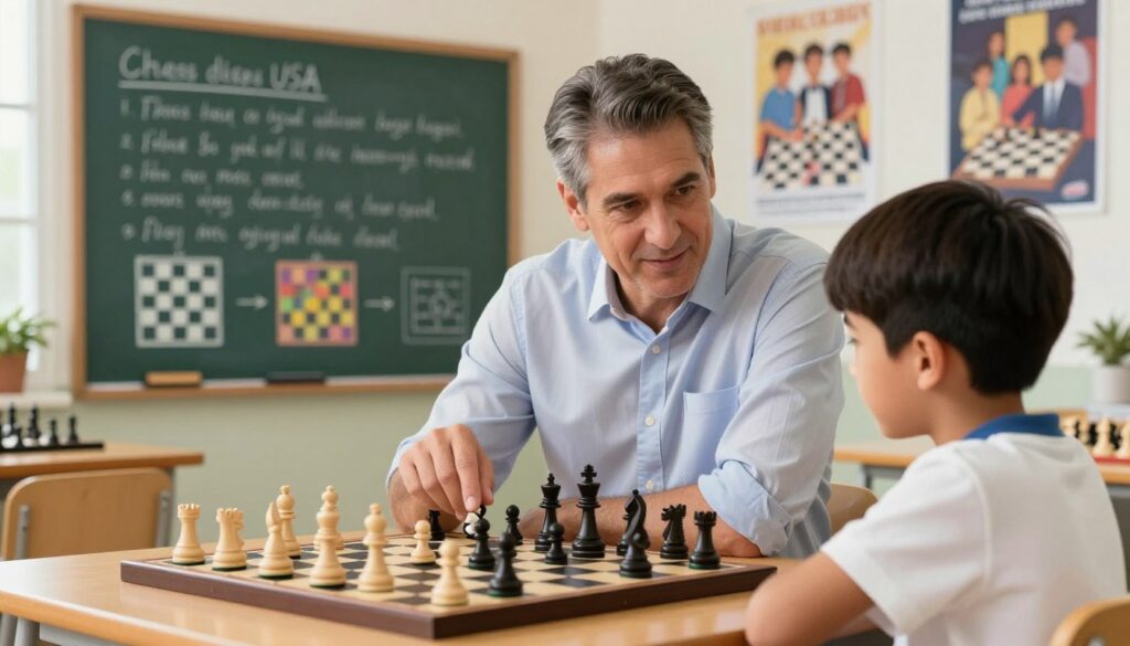 A focused chess coaching scene featuring an experienced chess coach with short, well-groomed hair, wearing a smart casual shirt, attentively guiding a young student in a bright, inviting classroom. The foreground shows a chessboard with strategic pieces arranged, hinting at various tactics. The middle ground highlights a chalkboard filled with chess notation and tips, with colorful diagrams illustrating openings and strategies. The background reveals motivational posters about chess development and teamwork. Soft, natural lighting streaming through a window creates an inspiring atmosphere, promoting learning and engagement. The overall mood is encouraging and educational, ideal for parents seeking quality coaching for their children. Include the logo of "Chess Classes USA" subtly in the corner of the image. A focused chess coaching scene featuring an experienced chess coach with short, well-groomed hair, wearing a smart casual shirt, attentively guiding a young student in a bright, inviting classroom. The foreground shows a chessboard with strategic pieces arranged, hinting at various tactics. The middle ground highlights a chalkboard filled with chess notation and tips, with colorful diagrams illustrating openings and strategies. The background reveals motivational posters about chess development and teamwork. Soft, natural lighting streaming through a window creates an inspiring atmosphere, promoting learning and engagement. The overall mood is encouraging and educational, ideal for parents seeking quality coaching for their children. Include the logo of "Chess Classes USA" subtly in the corner of the image.
