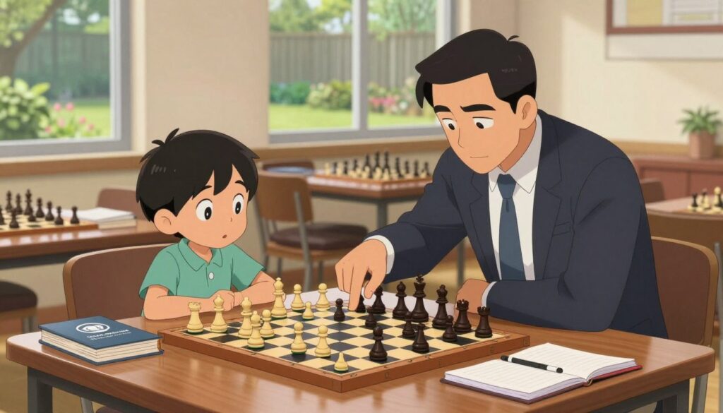 A focused chess coaching session featuring a professional chess instructor guiding a young, enthusiastic child at a sleek wooden table. In the foreground, the instructor, dressed in business casual attire, leans over the chessboard, pointing to a critical move while the child, in comfortable yet modest clothing, looks on with curiosity and excitement. In the middle ground, a competition-style chess set is displayed, surrounded by strategy books and notebooks, emphasizing a structured training atmosphere. In the background, a well-lit room with large windows reveals a serene garden, creating an inspiring and encouraging mood. The lighting is warm and inviting, enhancing the sense of dedication and focus. This scene embodies the essence of dedicated coaching under the banner of "Chess Classes USA."