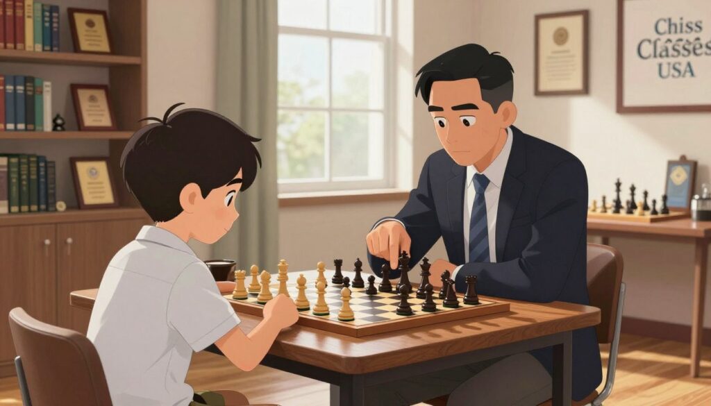 A focused chess coaching session in a cozy, well-lit room. In the foreground, a young player, wearing a smart casual shirt, is deeply engaged in a chess game across a wooden table with a poised, professional coach, dressed in business attire. The coach demonstrates strategies with a thoughtful expression, pointing at the chessboard, which is set with dynamic pieces in mid-game. In the middle, a large window lets in soft, natural light, casting gentle shadows on the rich oak flooring. The background features shelves filled with books on chess theory and framed awards, enhancing the educational atmosphere. The overall mood is inspiring and serious, underscoring the dedication to specialized training. Include a subtle logo for "Chess Classes USA" on a nearby wall. A focused chess coaching session in a cozy, well-lit room. In the foreground, a young player, wearing a smart casual shirt, is deeply engaged in a chess game across a wooden table with a poised, professional coach, dressed in business attire. The coach demonstrates strategies with a thoughtful expression, pointing at the chessboard, which is set with dynamic pieces in mid-game. In the middle, a large window lets in soft, natural light, casting gentle shadows on the rich oak flooring. The background features shelves filled with books on chess theory and framed awards, enhancing the educational atmosphere. The overall mood is inspiring and serious, underscoring the dedication to specialized training. Include a subtle logo for "Chess Classes USA" on a nearby wall.