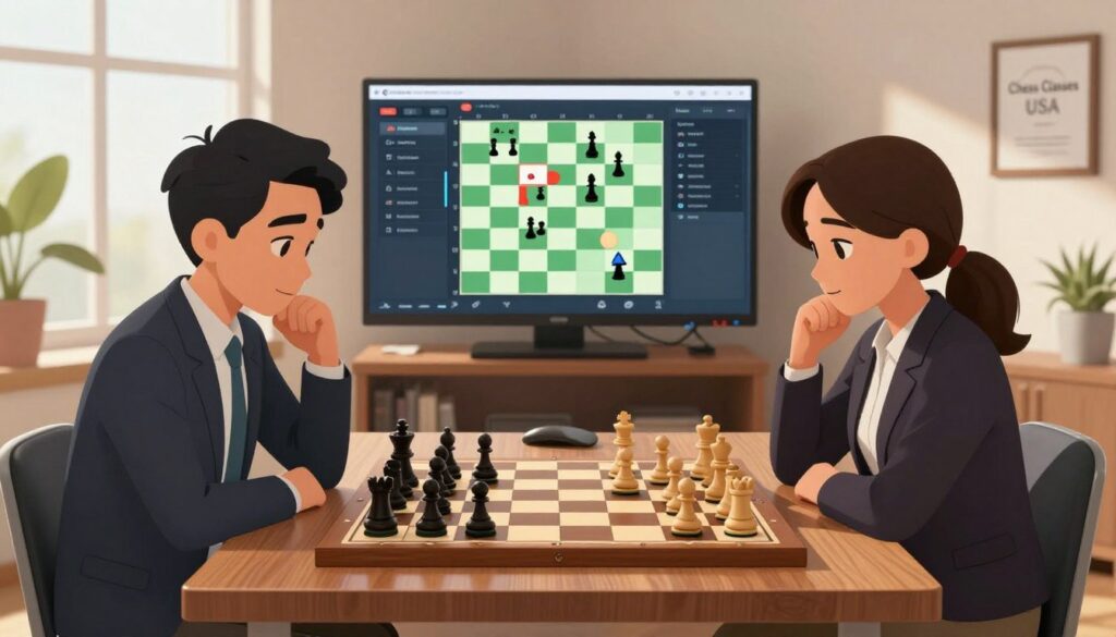 A focused chess game analysis scene set in a modern, well-lit room. In the foreground, a polished wooden chessboard displays an intricate mid-game position with pieces thoughtfully arranged. Two players, a man and a woman, are positioned across from each other, dressed in professional attire, analyzing the board with deep concentration. In the middle background, a digital screen shows an interactive chess analysis software with highlighted moves and strategic suggestions, reflecting the strategies for improvement. The room has a warm, inviting atmosphere, with natural light streaming in through a large window, creating soft shadows. The overall mood is one of strategic thinking and collaboration, with the brand name "Chess Classes USA" subtly integrated into the decor, like a framed certificate on the wall. A focused chess game analysis scene set in a modern, well-lit room. In the foreground, a polished wooden chessboard displays an intricate mid-game position with pieces thoughtfully arranged. Two players, a man and a woman, are positioned across from each other, dressed in professional attire, analyzing the board with deep concentration. In the middle background, a digital screen shows an interactive chess analysis software with highlighted moves and strategic suggestions, reflecting the strategies for improvement. The room has a warm, inviting atmosphere, with natural light streaming in through a large window, creating soft shadows. The overall mood is one of strategic thinking and collaboration, with the brand name "Chess Classes USA" subtly integrated into the decor, like a framed certificate on the wall.