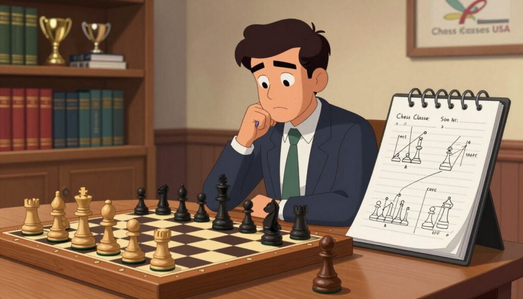 A focused chess game analysis scene showcasing a wooden chessboard in the foreground, with pieces in various strategic positions. To the side, a notepad filled with annotated diagrams and notes, highlighting key moves and strategies. In the middle ground, a thoughtful player, dressed in professional attire, is analyzing the game with a focused expression, a pen in hand. The background features shelves lined with chess books and trophies, creating an atmosphere of dedication and learning. Soft, warm lighting illuminates the scene, casting gentle shadows, enhancing the analytical mood. A subtle logo of "Chess Classes USA" is subtly integrated into the background as part of the decor, reinforcing the theme of growth in chess mastery.