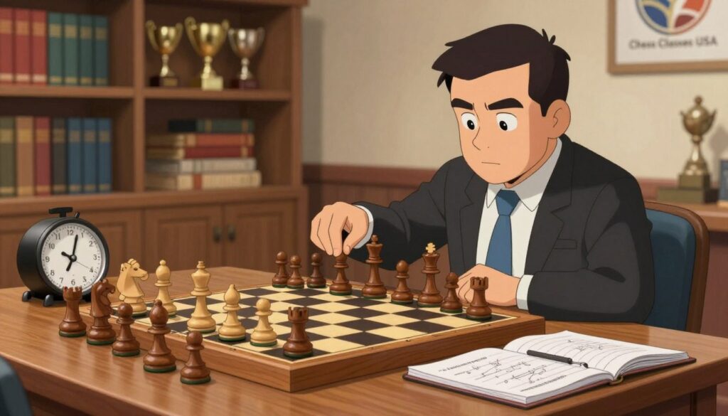 A focused chess master in professional attire sits at a wooden table, intensely analyzing a chessboard during a training session. The foreground features the chess pieces in intricate detail, including a mix of classic wooden and modern designs. In the middle ground, a chess clock ticks down, adding urgency to the scene, while a notebook filled with strategies and moves lies open beside the board. The background shows a serene room filled with shelves of chess books and trophies, softly illuminated by warm, ambient lighting that creates a cozy yet professional atmosphere. The image conveys dedication and passion for chess advancement, highlighting resources available for aspiring players. Include the logo of "Chess Classes USA" subtly on a nearby wall. Capture the scene from a slightly elevated angle to provide depth. A focused chess master in professional attire sits at a wooden table, intensely analyzing a chessboard during a training session. The foreground features the chess pieces in intricate detail, including a mix of classic wooden and modern designs. In the middle ground, a chess clock ticks down, adding urgency to the scene, while a notebook filled with strategies and moves lies open beside the board. The background shows a serene room filled with shelves of chess books and trophies, softly illuminated by warm, ambient lighting that creates a cozy yet professional atmosphere. The image conveys dedication and passion for chess advancement, highlighting resources available for aspiring players. Include the logo of "Chess Classes USA" subtly on a nearby wall. Capture the scene from a slightly elevated angle to provide depth.