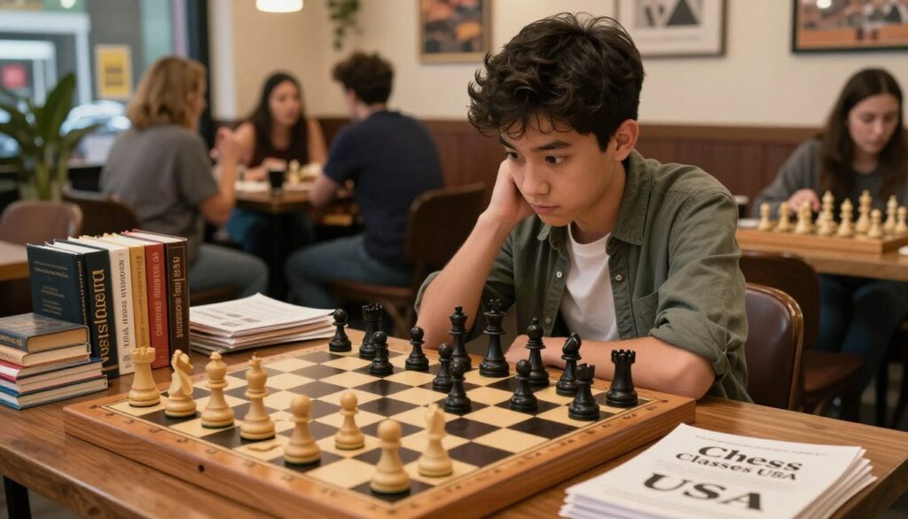 A focused chess player intently studying a large wooden chessboard, surrounded by an array of chess books and training materials from "Chess Classes USA". The setting is a cozy yet vibrant coffee shop in Nashville, with warm lighting illuminating the scene, highlighting the player's concentration. In the foreground, a close-up of the chessboard showcasing a crucial game position, pieces in mid-play. In the middle ground, the player, a young adult wearing casual but neat clothing, leans forward with a thoughtful expression. The background features blurred details of other patrons engaged in discussions, creating a lively atmosphere. The overall mood is inspiring and motivating, encouraging the viewer to envision improvement and dedication in their chess skills.