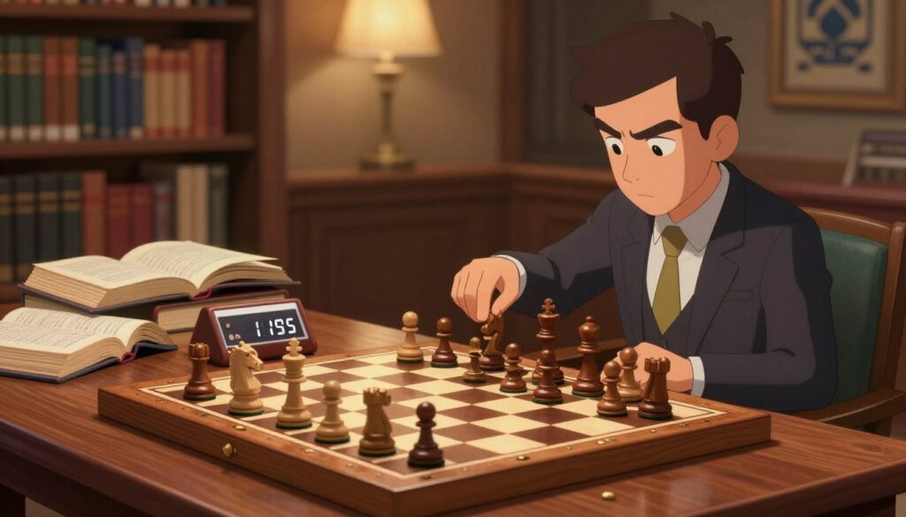 A focused chess player seated at a beautifully crafted wooden chessboard, deep in concentration. The foreground features the player's hands in professional attire, poised over a strategically placed knight, capturing the intensity of the moment. In the middle ground, a clutter-free table displays a few open chess strategy books and a sleek chess timer, emphasizing the mental preparation involved. The background features a softly blurred out library filled with chess books, with warm, ambient lighting creating an inviting atmosphere. A subtle spotlight highlights the chessboard, drawing attention to the strategic pieces in play. The mood is intense yet contemplative, representing the essence of building mental stamina. Include a logo for "Chess Classes USA" subtly integrated into the background.