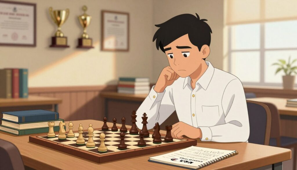 A focused chess player seated at a wooden table, deep in thought, preparing mentally for a tournament. In the foreground, a chessboard with pieces set up for a match and a notepad filled with strategies, surrounded by books on chess tactics. The player, dressed in a neatly ironed button-up shirt, displays a concentrated expression. In the middle ground, a softly lit room showcasing a wall adorned with trophies and certificates, indicating a history of achievements. The background features a warm, inviting atmosphere with gentle sunlight streaming through a window, casting soft shadows, creating a sense of calm and focus. The image conveys determination and professionalism. The logo "Chess Classes USA" subtly placed on a piece of paper beside the chessboard, enhancing the thematic representation of mental preparation for chess tournaments.