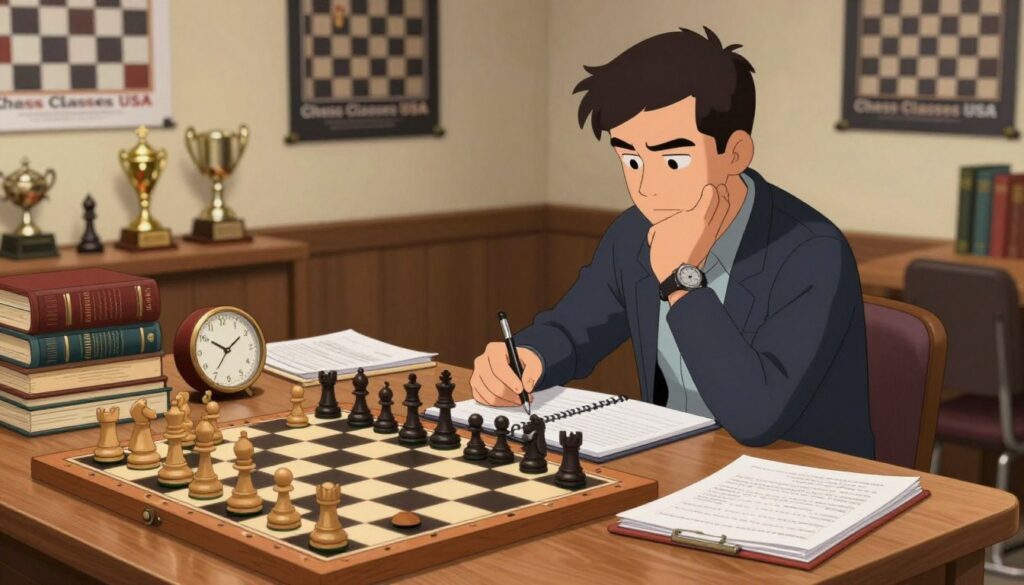 A focused chess player sits at a wooden table strewn with chess books, notations, and a clock, deep in thought as they prepare for a tournament. In the foreground, a detailed chessboard with pieces arranged in a tactical position captures the viewer's attention. The middle ground features the player, dressed in smart casual attire, analyzing game strategies with a notepad and pen, exuding determination. The background showcases a softly lit room filled with chess trophies and motivational posters from "Chess Classes USA," adding an inspiring atmosphere. Warm lighting creates a cozy yet serious study environment, emphasizing the gravity of preparation for a rated chess tournament. The angle captures both the player and the chessboard, providing a clear view of the study routine being developed.
