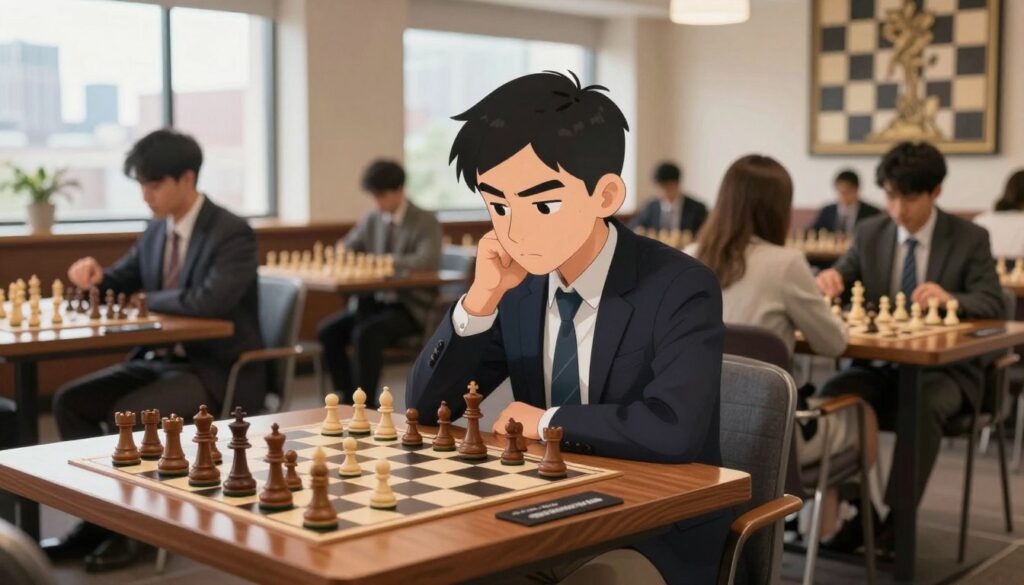 A focused chess player sitting at a sleek wooden chess table, surrounded by chess pieces in the midst of a tournament setting. The player is a young adult wearing professional business attire, deeply contemplating their next move, demonstrating concentration. In the background, a bustling chess tournament scene unfolds in a well-lit New York venue, with various competitors engaged in matches at other tables. Soft natural light filters through large windows, creating a warm and inviting atmosphere. Elegant chess-themed decorations adorn the walls, while a subtle hint of the iconic New York skyline can be seen outside. The image embodies the spirit of competitive preparation, encompassing the essence of "Chess Classes USA".
