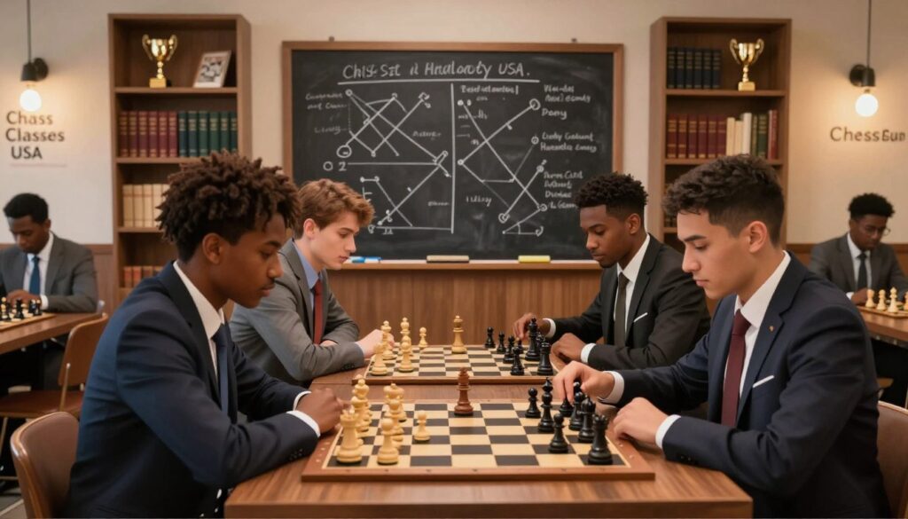 A focused chess tactics training session in an elegant, modern chess club. In the foreground, a diverse group of four committed players, dressed in professional business attire, intensely studying a chessboard with intricate positions displayed. In the middle ground, a chalkboard filled with tactical diagrams and annotations, highlighting strategies and techniques for competitive play. The background features a warm, inviting interior with soft lighting, showcasing wooden shelves filled with chess books and trophies. An atmosphere of concentration and determination permeates the scene, suggesting a journey towards mastery. The logo of "Chess Classes USA" subtly incorporated into the chess club's decor, blending seamlessly with the surroundings. The image captures the essence of serious chess preparation in a dynamic, engaging environment.