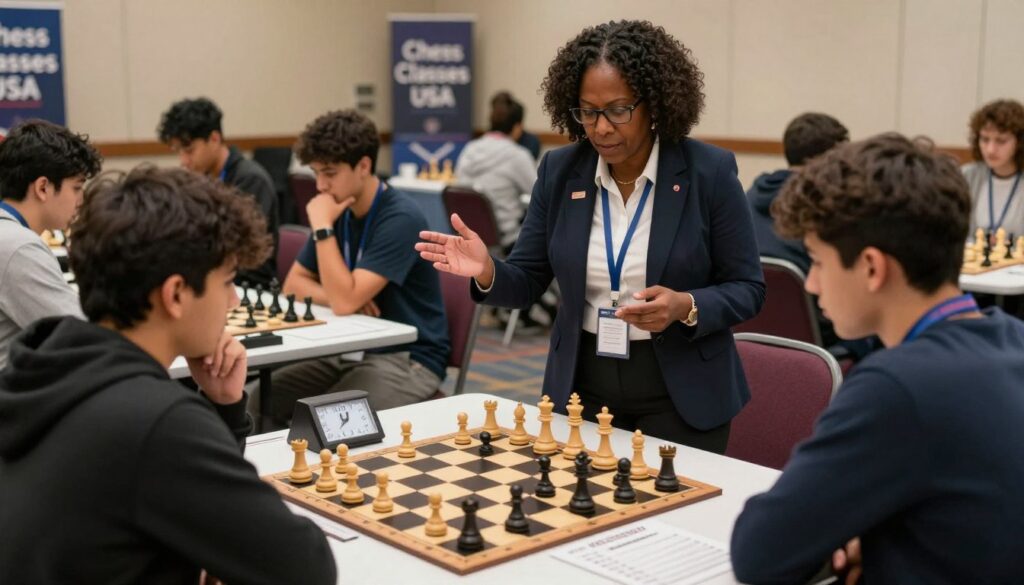 A focused chess tournament director stands at a chessboard, intently observing two players during a match. The director, a middle-aged Black woman in professional attire, gestures confidently as she explains the rules to a nearby participant. The foreground features the chessboard, intricately set with pieces mid-game. In the middle ground, other players sit, deep in thought, surrounded by score sheets and clocks. The background captures a bustling tournament hall, with banners displaying "Chess Classes USA". Soft, warm lighting casts an inviting glow across the scene, creating a collaborative, yet competitive atmosphere. The angle is slightly elevated, providing a comprehensive view of the action while maintaining focus on the tournament director's engaged demeanor.