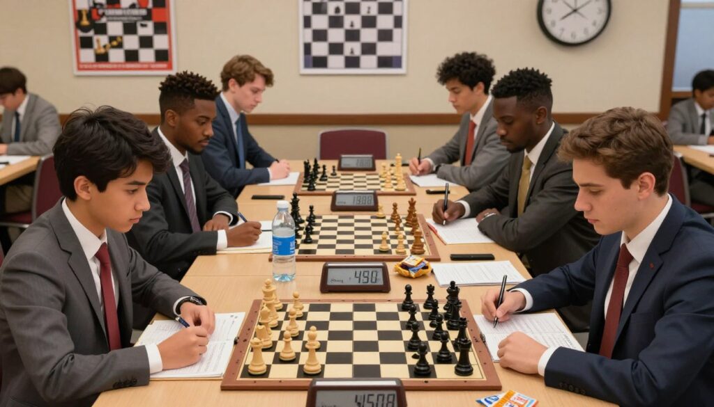 A focused chess tournament preparation scene featuring a well-organized table with chess boards set up, chess clocks, and score sheets. In the foreground, a diverse group of serious players in professional business attire are engaged in deep concentration as they study openings from books and analyze strategies. The middle layer showcases an open notebook with notes and a strategic chess puzzle, with a half-filled water bottle and healthy snacks nearby to symbolize mental readiness. In the background, a softly lit room enhances the atmosphere, decorated with motivational chess posters and a clock on the wall showing time ticking down, reflecting urgency and the importance of preparation. The image radiates determination and focus, ideal for illustrating the theme of preparation for long rounds. Include a subtle logo of "Chess Classes USA" on the table.