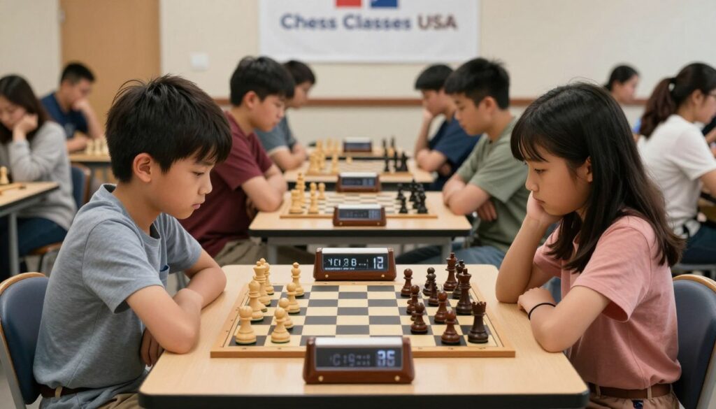 A focused chess tournament scene designed to illustrate the etiquette of the chessboard. In the foreground, a chessboard is meticulously arranged with pieces in mid-game status, displaying tension and strategy. Two players, a young boy and girl in modest casual clothing, are seated opposite each other, displaying concentration and respect towards the game. Between them, an elegant wooden timer emphasizes the importance of time management in tournaments. The middle ground features a diverse group of spectators observing silently, showcasing the community and camaraderie of chess. In the background, a banner with "Chess Classes USA" is subtly displayed, adding context without overwhelming the scene. Soft, natural lighting bathes the room, creating a serene yet intense atmosphere, ideal for concentration and quiet contemplation during a chess tournament.