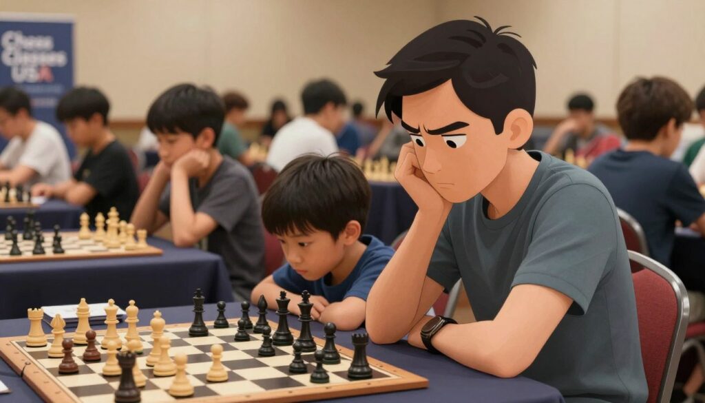 A focused chess tournament scene featuring a parent sitting anxiously on the sidelines, dressed in modest casual clothing, watching their child compete. The foreground includes a close-up of the parent's tense expression, conveying worry yet support. In the middle ground, the child is intensely considering their next move, hunched over a chessboard, surrounded by onlookers. The background showcases a bustling tournament hall filled with rows of chessboards and attentive spectators, under warm, soft lighting that creates an inviting yet competitive atmosphere. Use a slight depth of field to emphasize the parent and child interaction, suggesting the emotional weight of the event. Include subtle branding elements like “Chess Classes USA” on a nearby banner, enhancing the educational context without drawing attention away from the main subjects.
